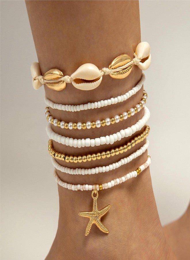 Xeyau Shell Anklets Bracelet for Women Waterproof Surfer Starfish Bracelet Puka Shell Anklet Colorful Boho Stack Stretch Bead Bracelet Set Hawaii Summer Beach Vacation Foot Jewelry (Gold) - Image 2